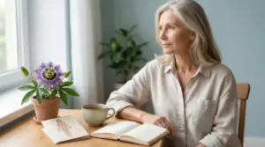Donna matura seduta vicino a una finestra, con una tazza di tè e un taccuino aperto su un tavolo
