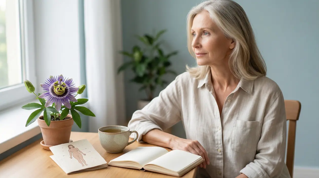 Donna matura seduta vicino a una finestra, con una tazza di tè e un taccuino aperto su un tavolo