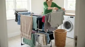 Persona che stende il bucato su uno stendino vicino a una lavatrice in una lavanderia luminosa
