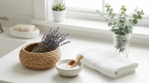 Composizione da bagno con lavanda essiccata, asciugamano bianco e barattolo di vetro con eucalipto