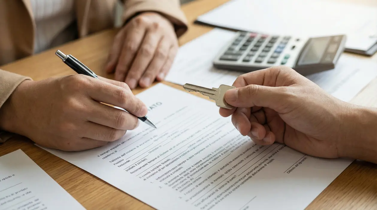 Una persona firma un contratto mentre un'altra consegna una chiave, con documenti e calcolatrice sul tavolo