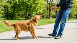 Cane che tira con forza il guinzaglio durante una passeggiata al parco