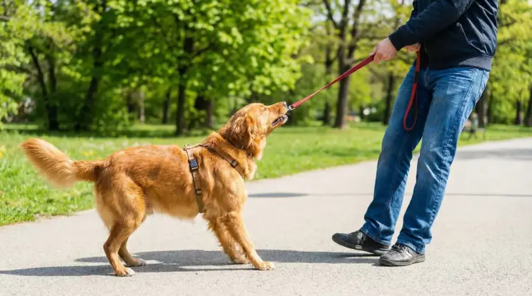 Cane che tira con forza il guinzaglio durante una passeggiata al parco