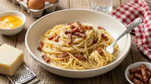 Piatto di spaghetti alla carbonara con guanciale croccante, uova e formaggio su tavolo rustico