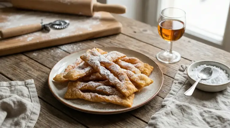 Piatto di chiacchiere spolverate di zucchero a velo su tavolo rustico