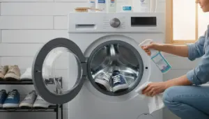 Persona che igienizza una lavatrice con scarpe all'interno usando spray e panno
