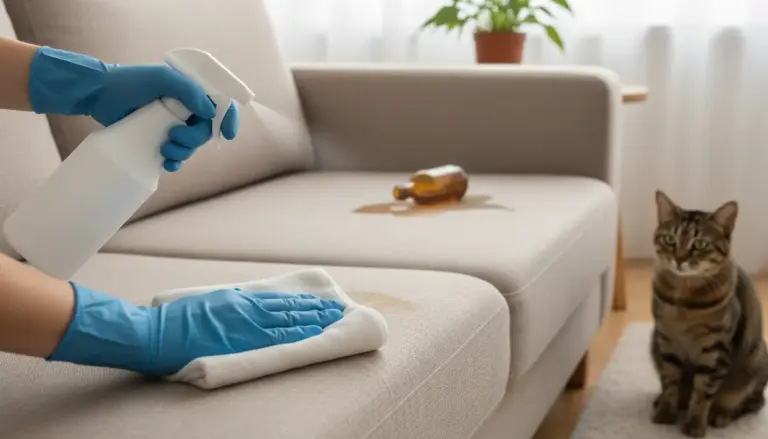 Una persona pulisce una macchia su un divano con un panno e uno spray, con un gatto sullo sfondo