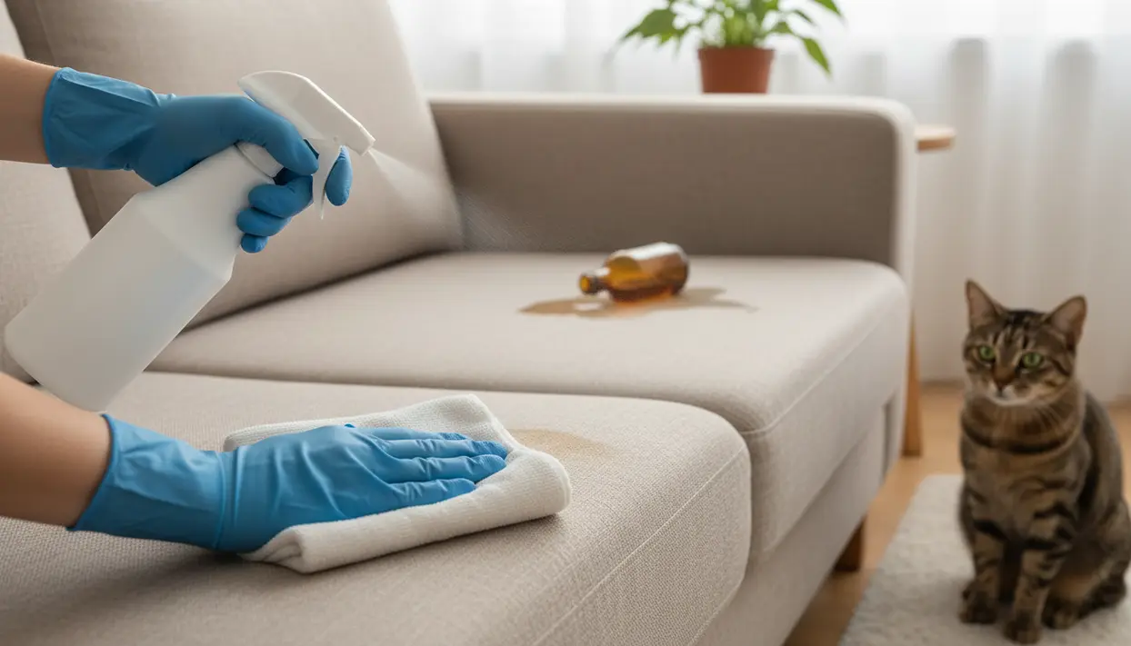 Una persona pulisce una macchia su un divano con un panno e uno spray, con un gatto sullo sfondo