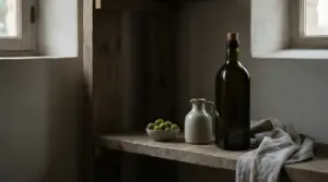 Bottiglia di vetro scuro con tappo di sughero accanto a brocca, ciotola di olive e panno su mensola rustica