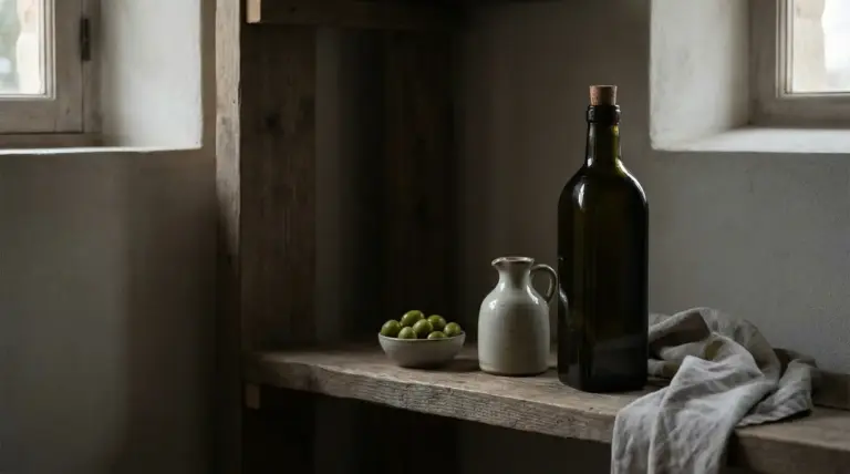 Bottiglia di vetro scuro con tappo di sughero accanto a brocca, ciotola di olive e panno su mensola rustica