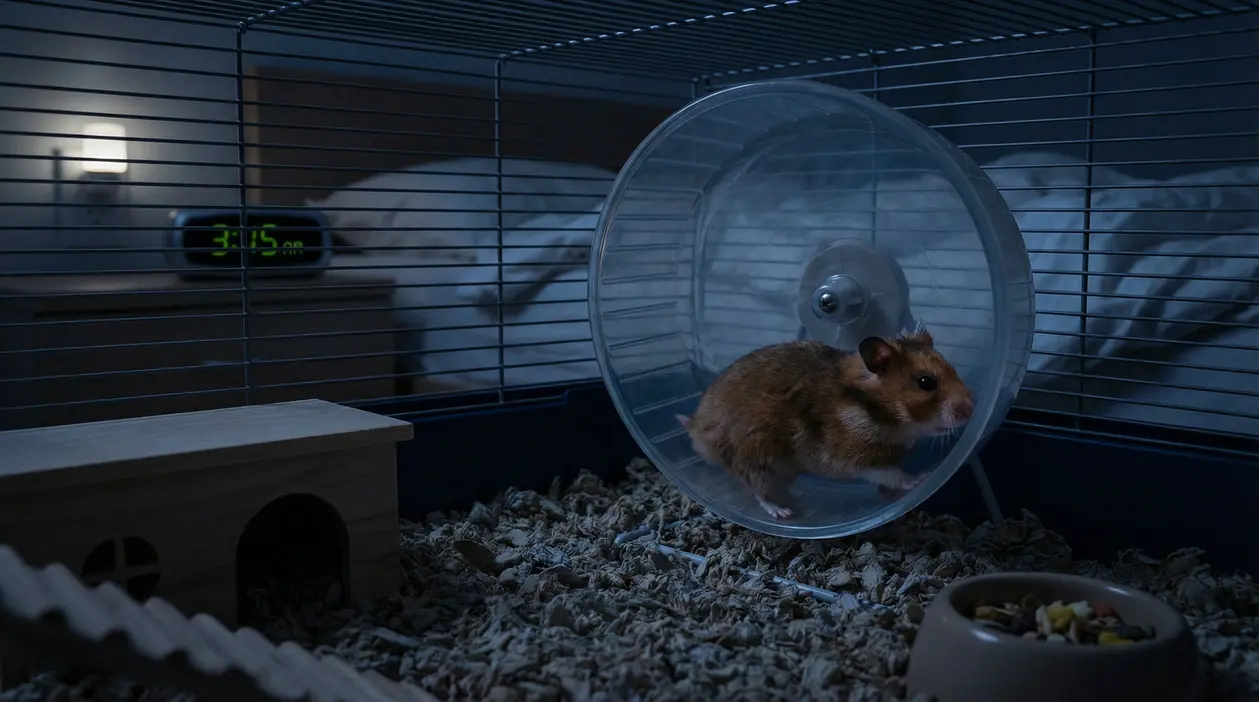 Criceto in gabbia che corre nella ruota durante la notte