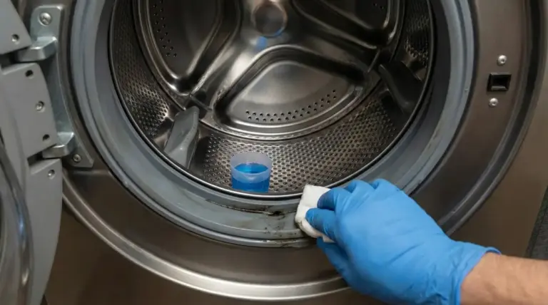 Una persona pulisce la guarnizione di una lavatrice con un panno