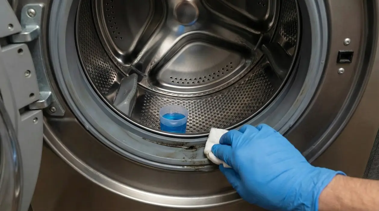Una persona pulisce la guarnizione di una lavatrice con un panno