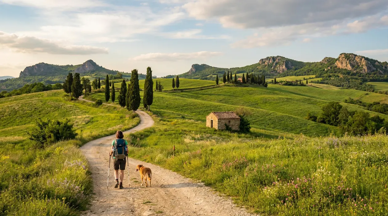 Persona con zaino e cane su un sentiero tra colline verdi e cipressi