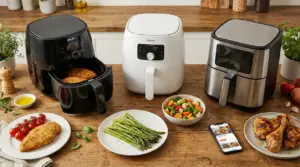 Tre friggitrici ad aria con piatti pronti su un tavolo di legno in cucina