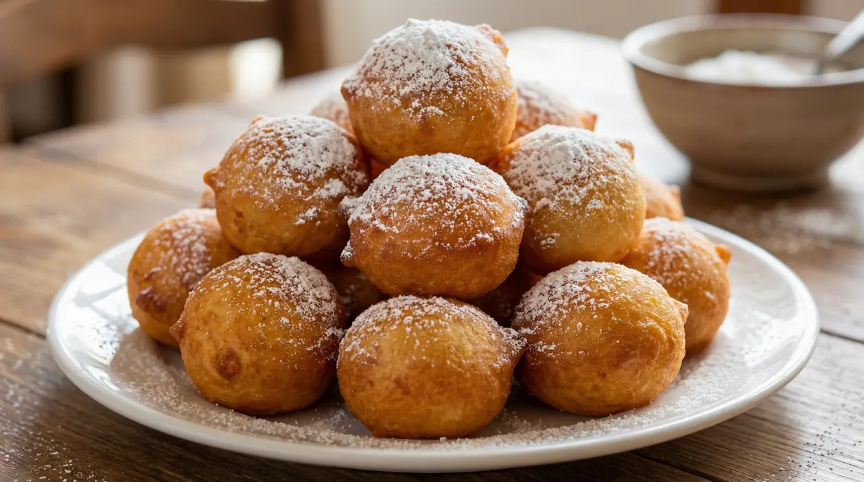 Frittelle di Carnevale dorate e soffici con zucchero a velo su un piatto bianco