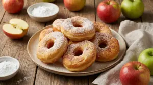 Frittelle di mele leggere cosparse di zucchero a velo su un piatto, circondate da mele fresche