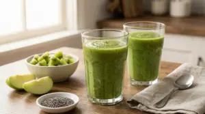 Frullato verde in bicchieri di vetro con kiwi, mela verde e semi di chia su un tavolo