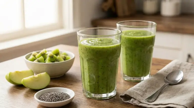Frullato verde in bicchieri di vetro con kiwi, mela verde e semi di chia su un tavolo