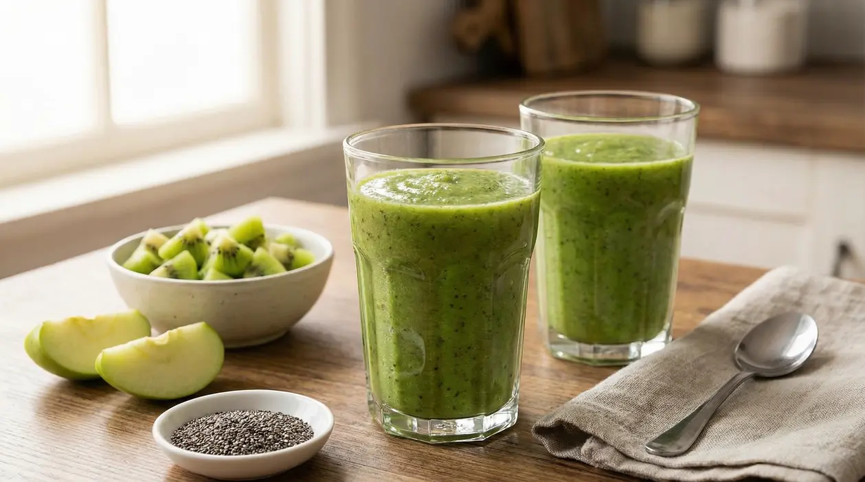 Frullato verde in bicchieri di vetro con kiwi, mela verde e semi di chia su un tavolo