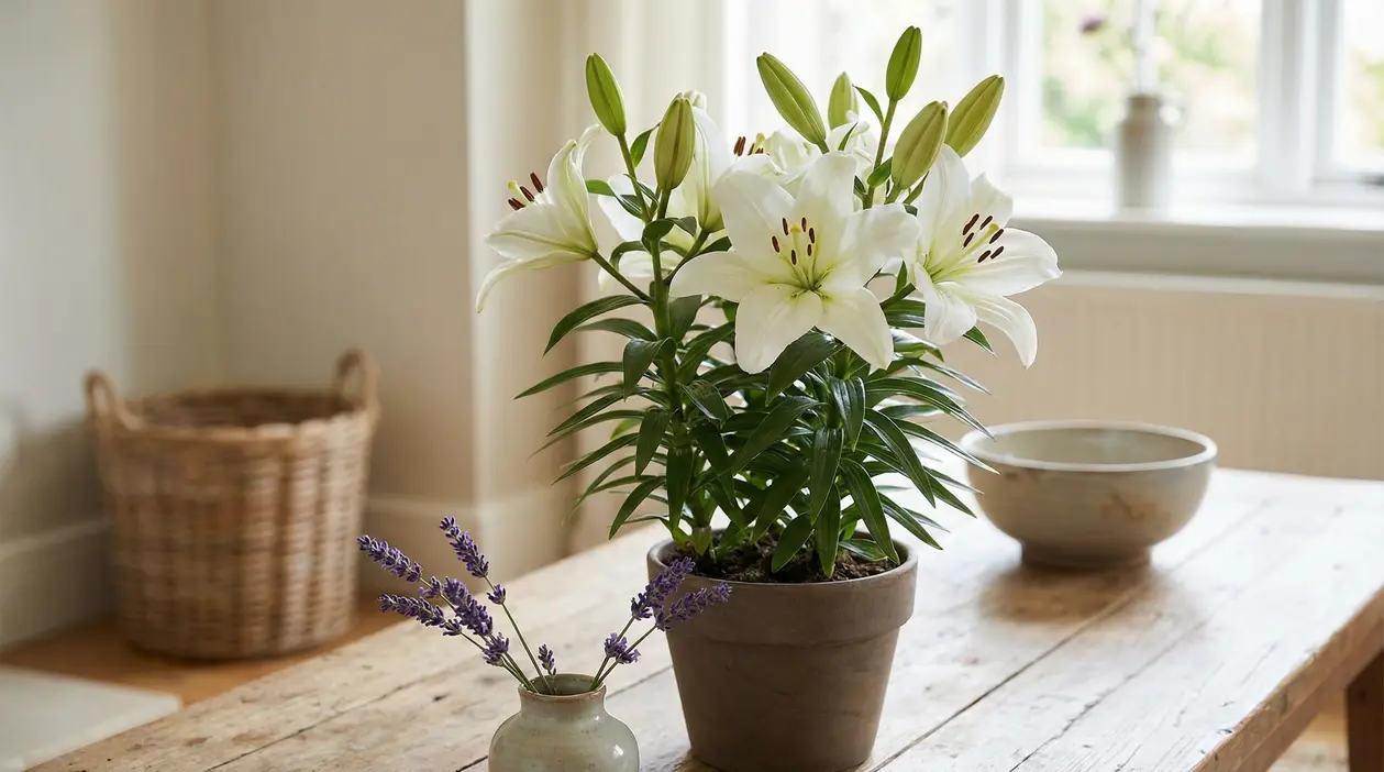 Vaso con fiori di giglio bianco su un tavolo in legno vicino a una finestra luminosa