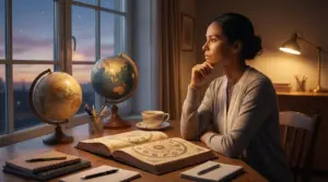 Persona riflessiva seduta a una scrivania con un libro di astrologia aperto davanti