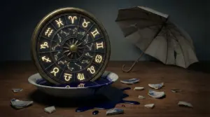 Ruota astrologica illuminata con simboli zodiacali accanto a un ombrello rotto e cocci su un tavolo.