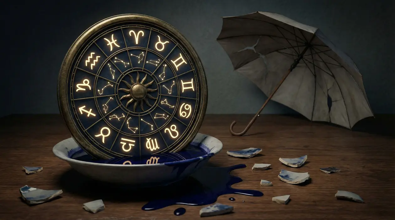 Ruota astrologica illuminata con simboli zodiacali accanto a un ombrello rotto e cocci su un tavolo.