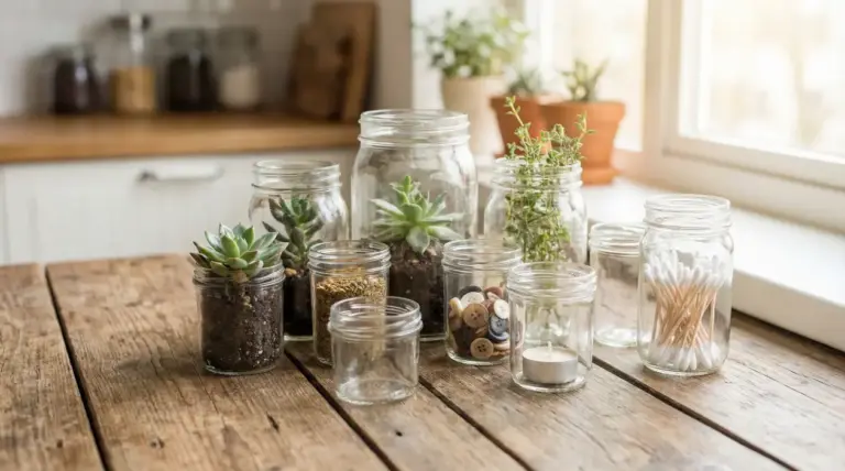 Vasetti di vetro riutilizzati con piante grasse, bottoni, spezie e altri oggetti sul tavolo