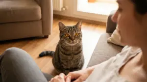 Gatto tigrato che fissa una persona seduta su un divano in un salotto