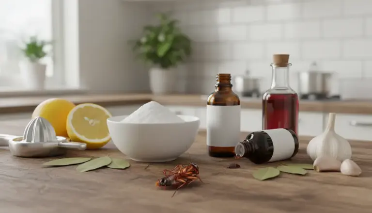 Ingredienti naturali in cucina con un insetto morto su un piano di lavoro in legno