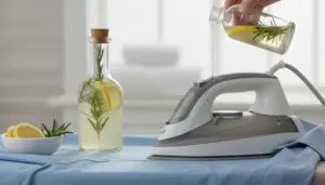 Persona versa un liquido con limone e rosmarino nel serbatoio di un ferro da stiro