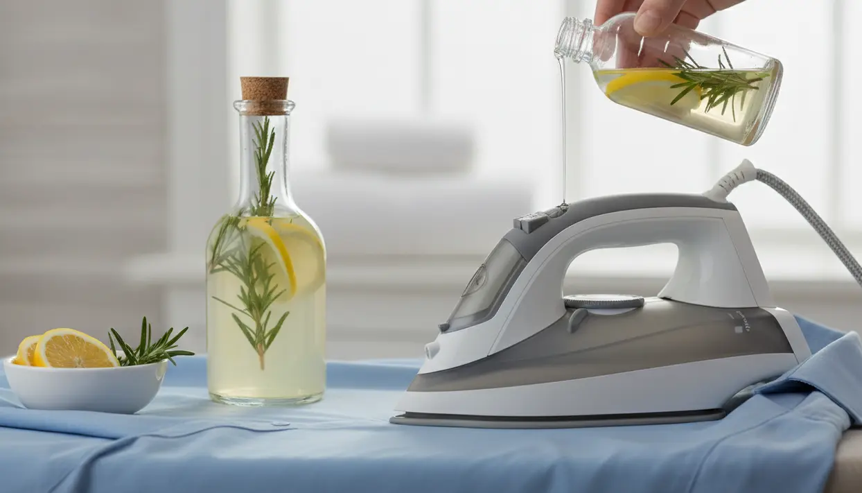 Persona versa un liquido con limone e rosmarino nel serbatoio di un ferro da stiro