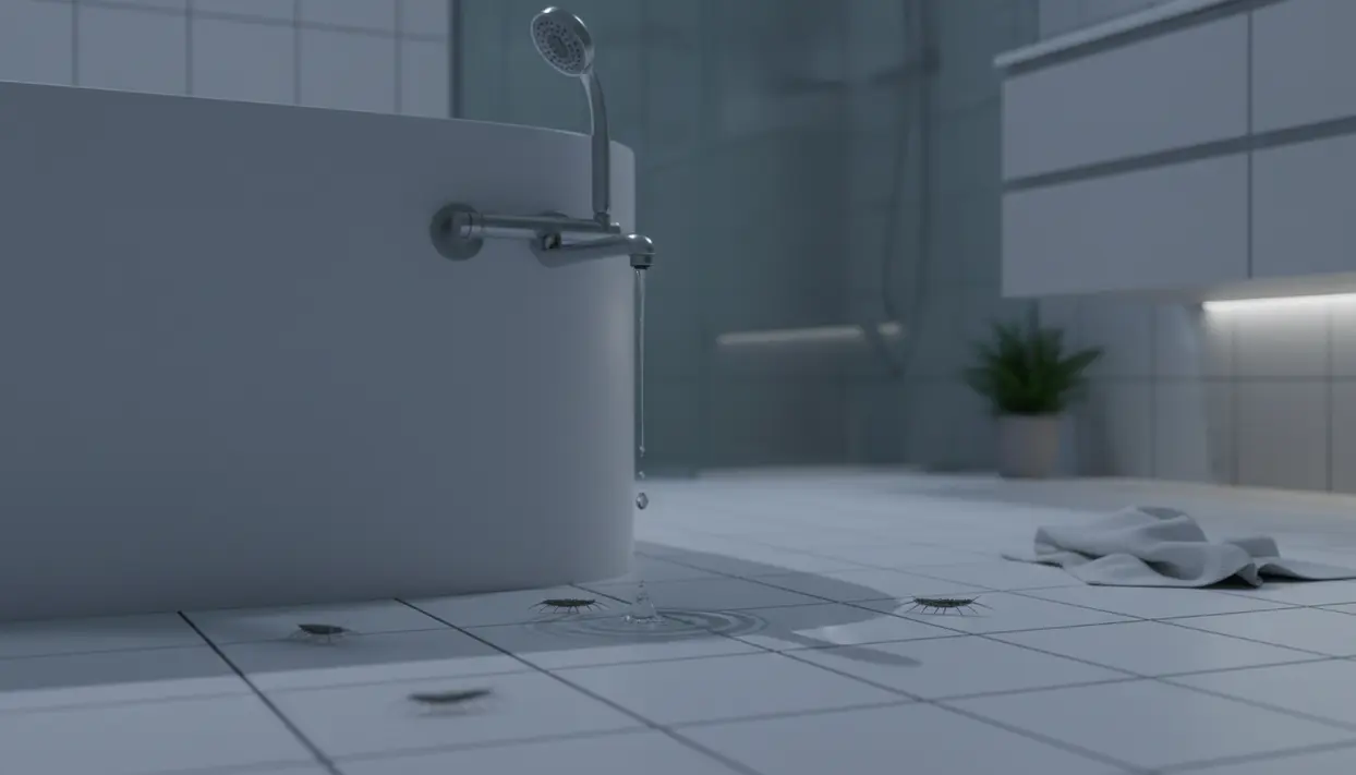 Insetti simili a pesciolini d'argento su un pavimento di bagno piastrellato