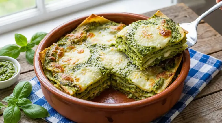 Lasagne al pesto servite in una teglia di terracotta, con una porzione sollevata da una forchetta