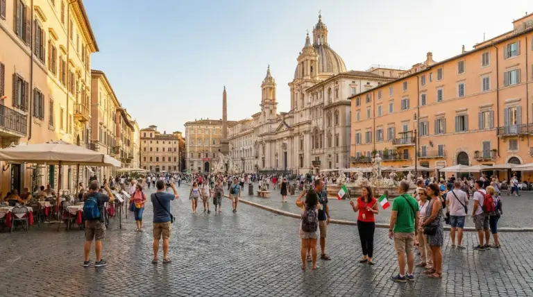 Turisti passeggiano e scattano foto in una piazza storica italiana affollata