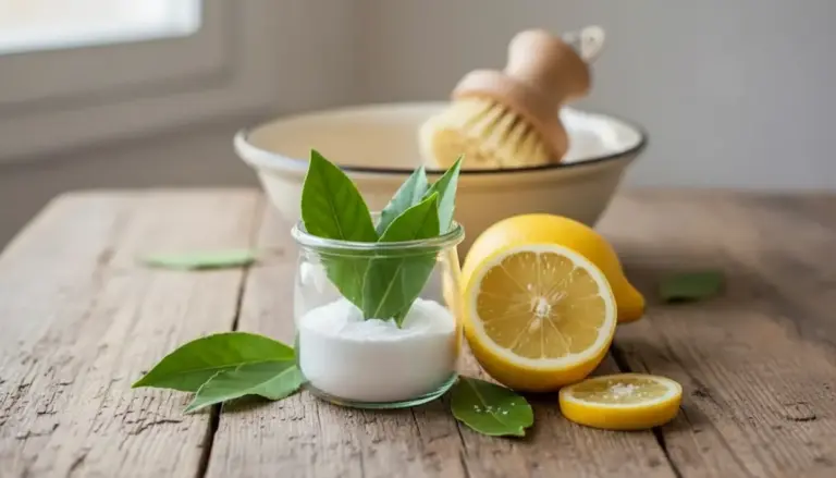 Limone tagliato, foglie di alloro e barattolo con polvere bianca su tavolo di legno