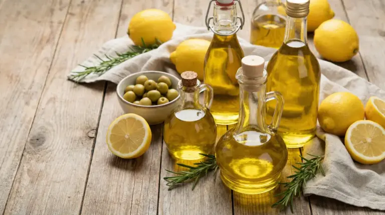 Bottiglie di olio d'oliva con limoni freschi, olive e rosmarino su un tavolo rustico