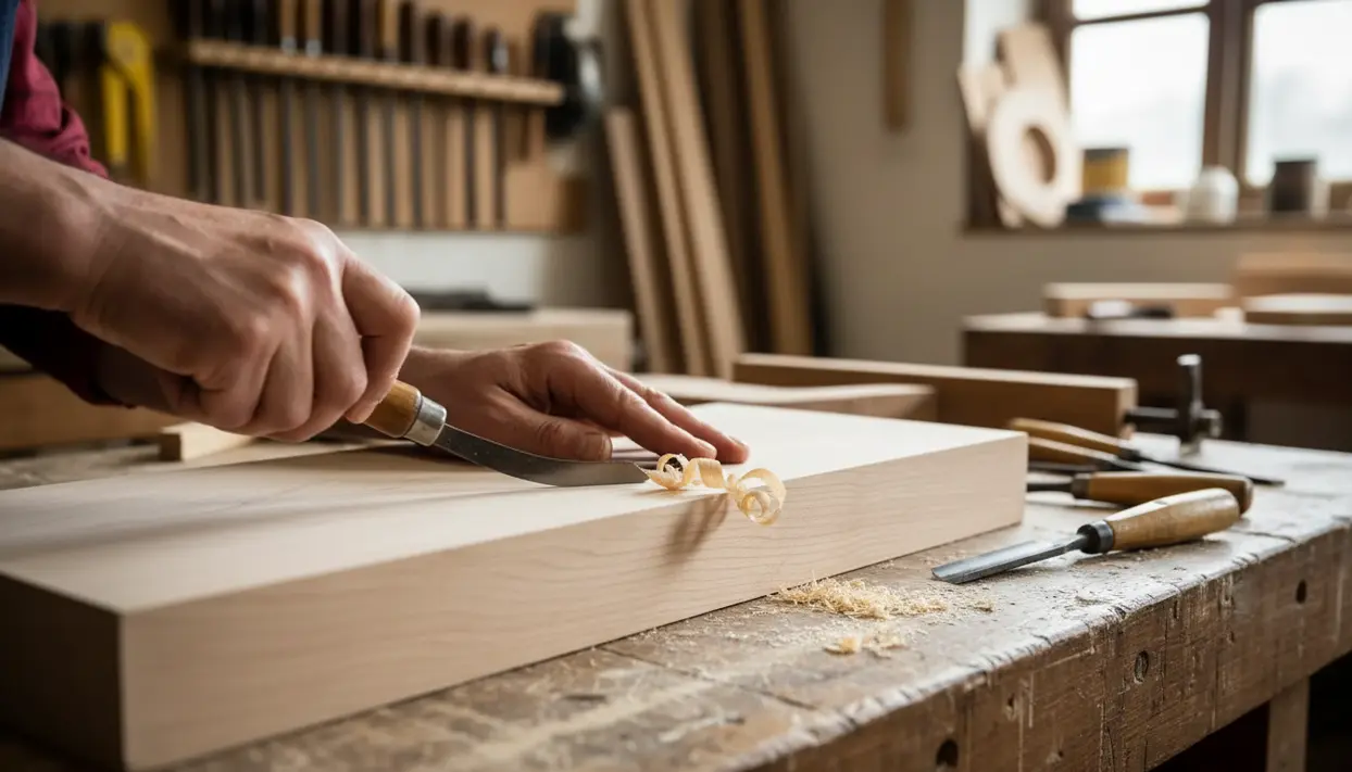 Mani che lisciando una tavola di legno con uno scalpello in un laboratorio di falegnameria
