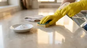 Una persona pulisce una superficie in marmo con guanti gialli, spugna e spray naturale