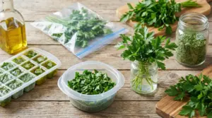 Diversi metodi per conservare il prezzemolo: in acqua, essiccato, congelato e in contenitori.