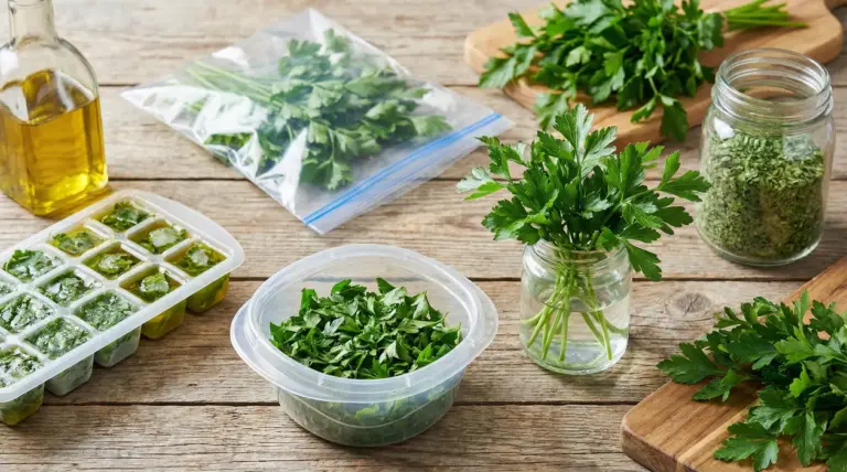 Diversi metodi per conservare il prezzemolo: in acqua, essiccato, congelato e in contenitori.