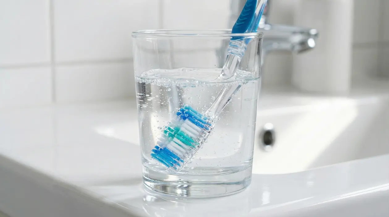 Spazzolino da denti immerso in un bicchiere d'acqua in un bagno moderno