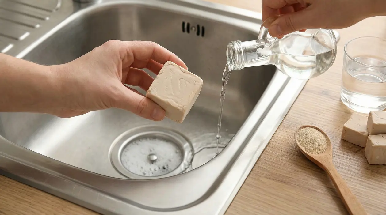 Mani che versano acqua e tengono un panetto di lievito di birra sopra un lavandino