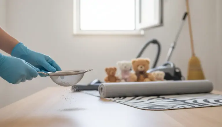 Una persona con guanti setaccia della polvere su un tavolo vicino a un tappeto, giocattoli e strumenti per la pulizia.