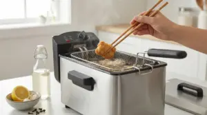 Una mano utilizza bacchette per friggere del cibo in una friggitrice domestica con vapore visibile