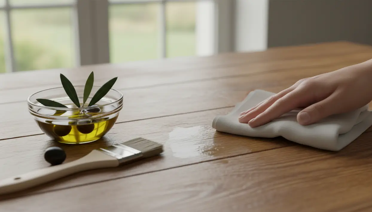 Una mano strofina un panno su una superficie di legno con una ciotola di olio d'oliva accanto