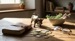 Statua di toro in metallo su un tavolo con monete, occhiali, un taccuino e una ciotola di erbe