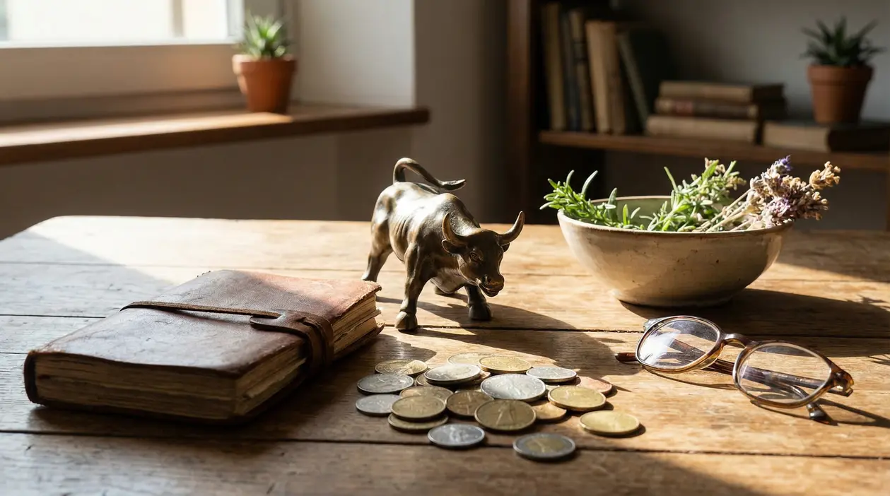 Statua di toro in metallo su un tavolo con monete, occhiali, un taccuino e una ciotola di erbe