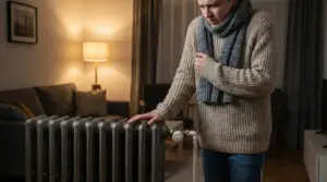 Persona infreddolita accanto a un termosifone in una stanza riscaldata